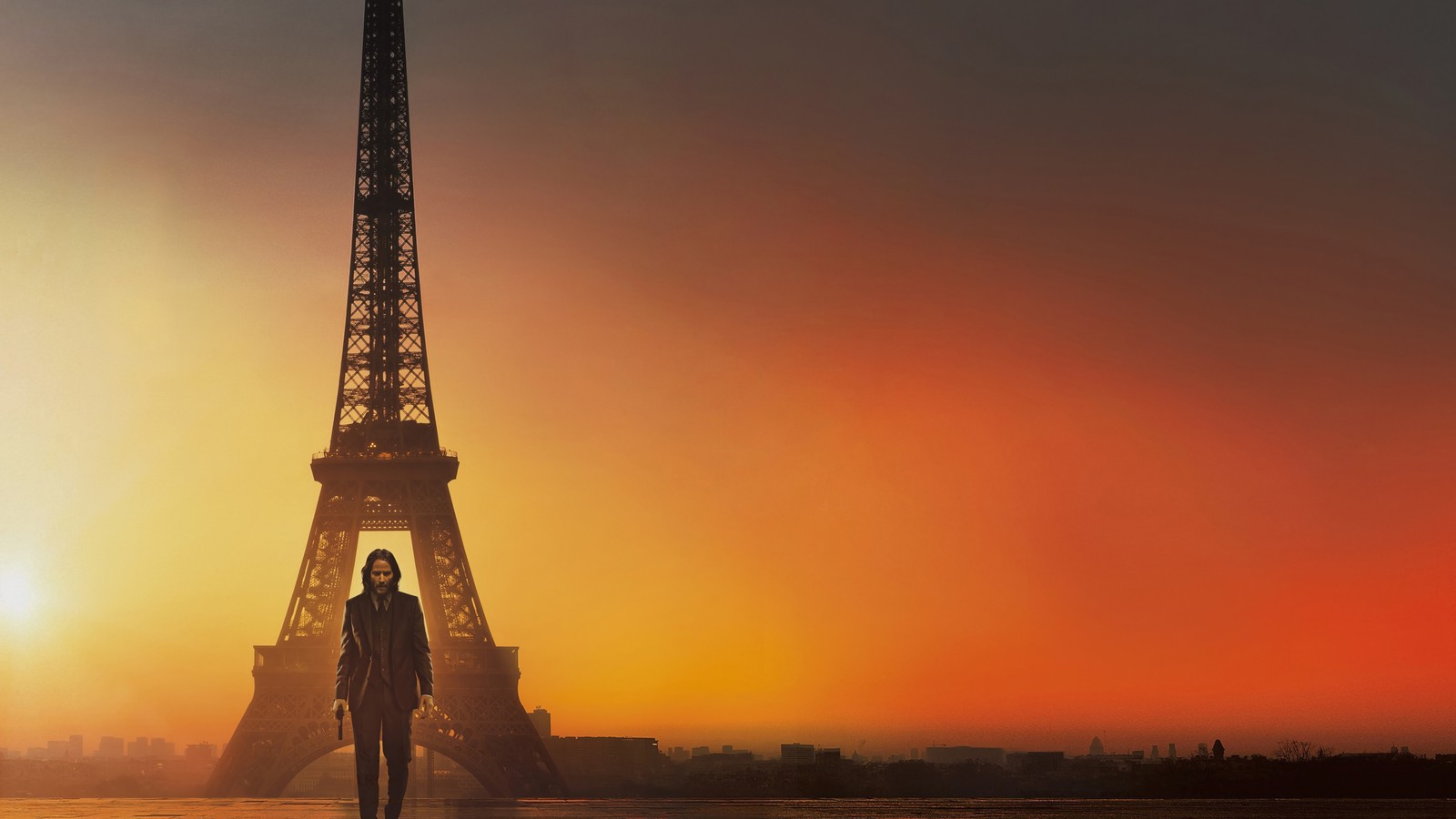 Uma imagem desfocada de um homem em pé em frente à torre eiffel (john wick capítulo 4, john wick chapter 4, filme, 2023, john wick)