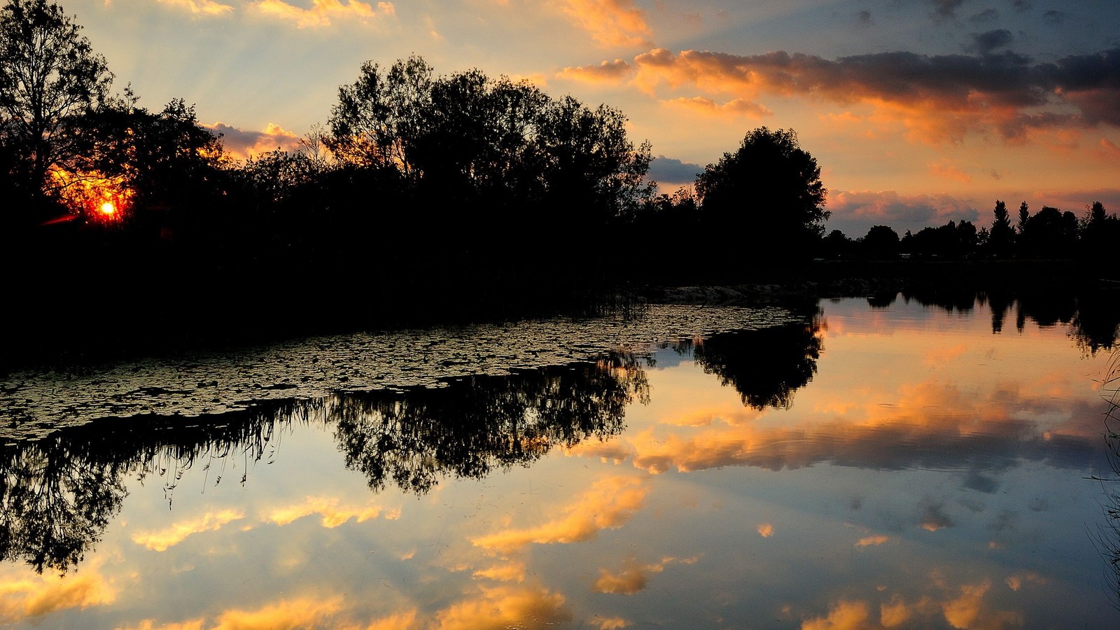 Pôr do sol refletido em um lago com árvores e nuvens (reflexo, por do sol, natureza, água, nascer do sol)