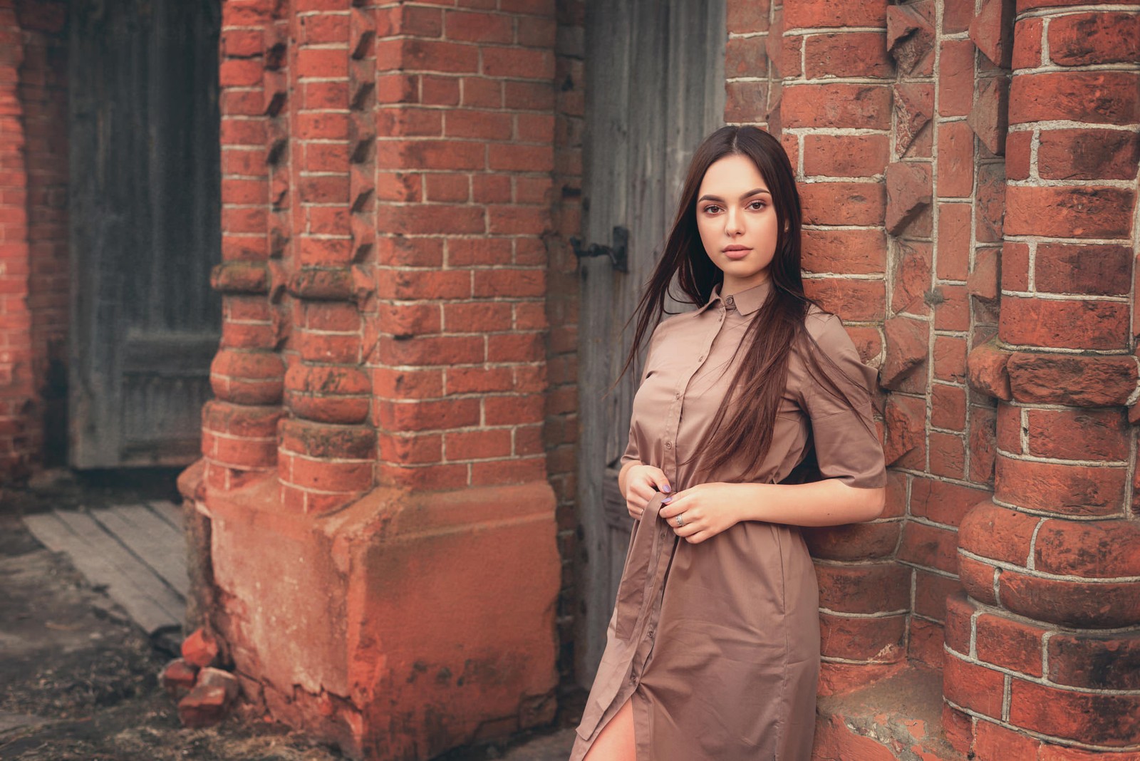 Arafed woman in a brown dress leaning against a brick wall (portrait, brickwork, brick, wall, beauty)