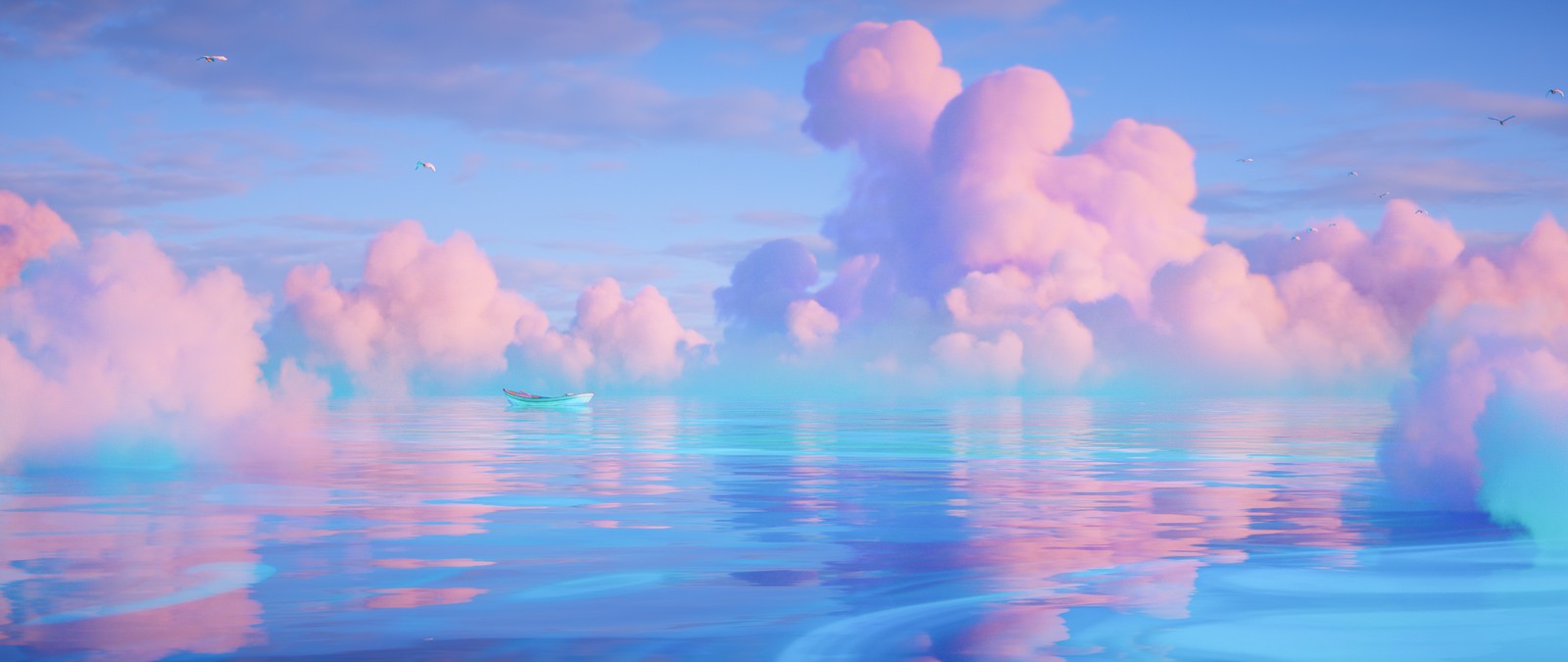 A blue and pink sky with clouds and a boat in the water (ocean, ultrawide, boat, surreal, cloudy sky)