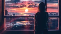 sunset, city, sky, scenery, digital art wallpaper