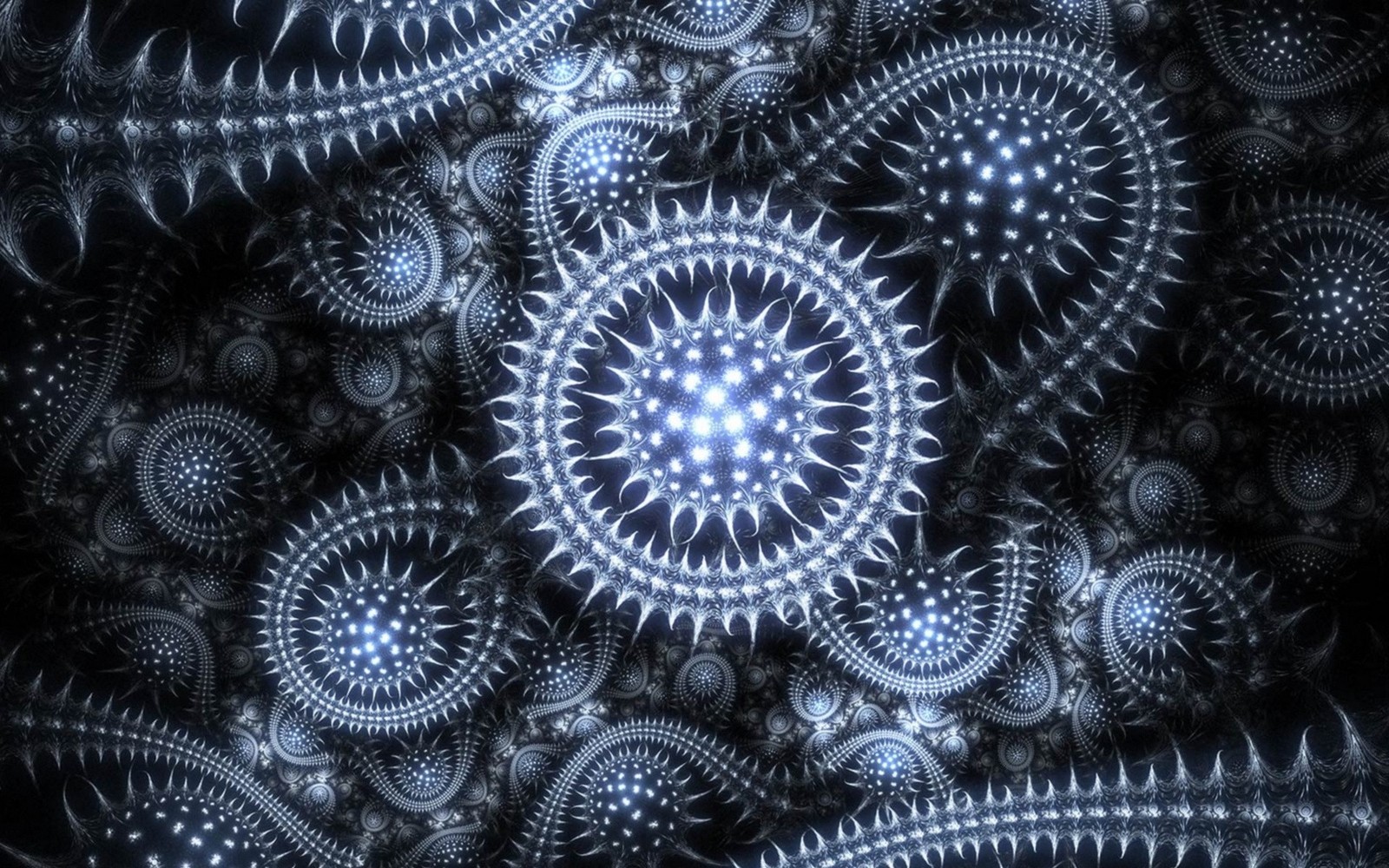 Um close de uma imagem em preto e branco de um padrão (arte fractal, padrão, design, simetria, círculo)