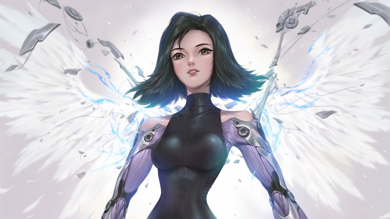 Крупный план женщины с крыльями на теле (аліта боевой ангел, alita battle angel, фильм, аниме, anime)