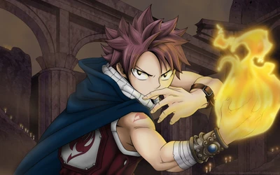 Natsu Dragneel, un poderoso mago de "Fairy Tail", conjura un ataque de fuego en un fondo mítico, encarnando fuerza y determinación.