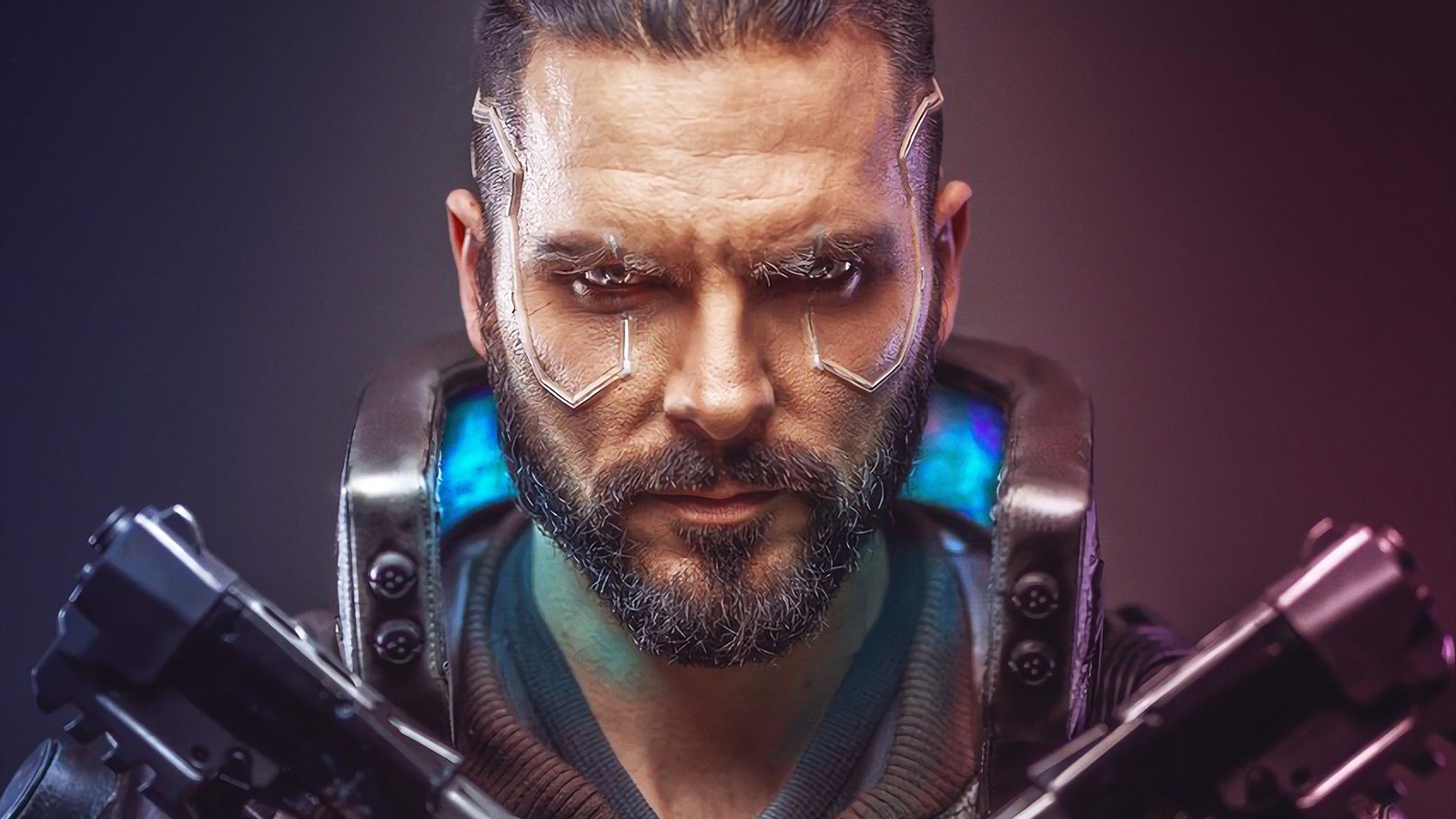 Un hombre con barba y una pistola en un traje futurista (cyberpunk 2077, videojuego, v, cosplay)