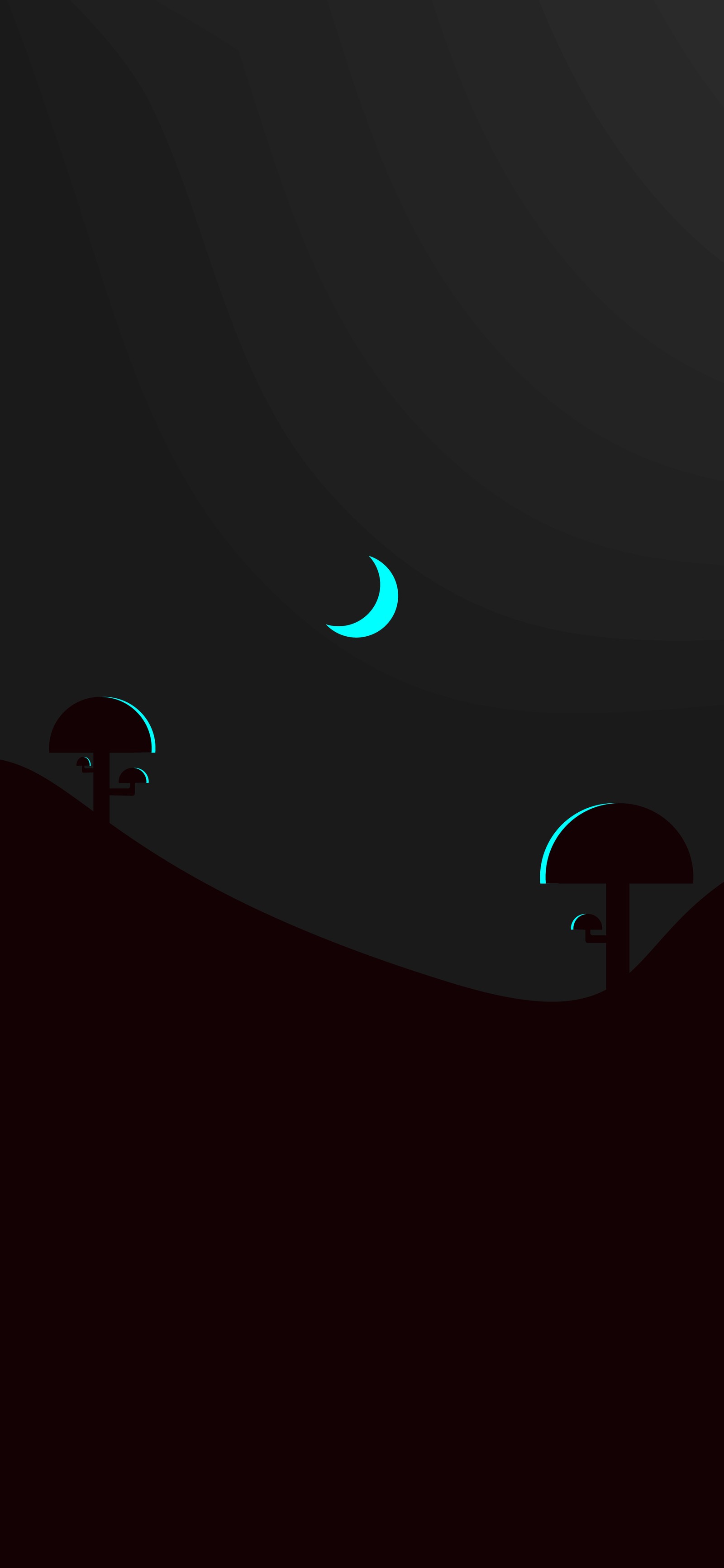 There are two mushrooms that are standing on a hill at night (atmosphere, crescent, moon, azure, astronomical object)