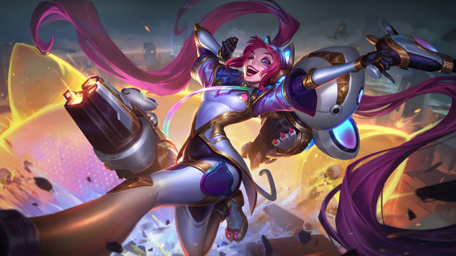 Uma mulher com um traje branco e roxo segurando uma arma (gato de batalha, jinx, edição de prestígio, lol, league of legends)