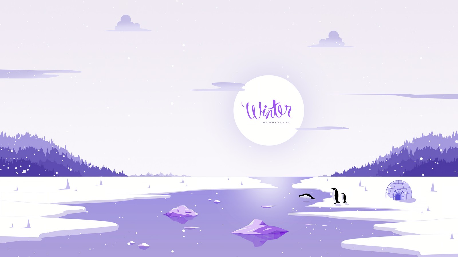 winter, illustration, river, penguins, igloo wallpaper