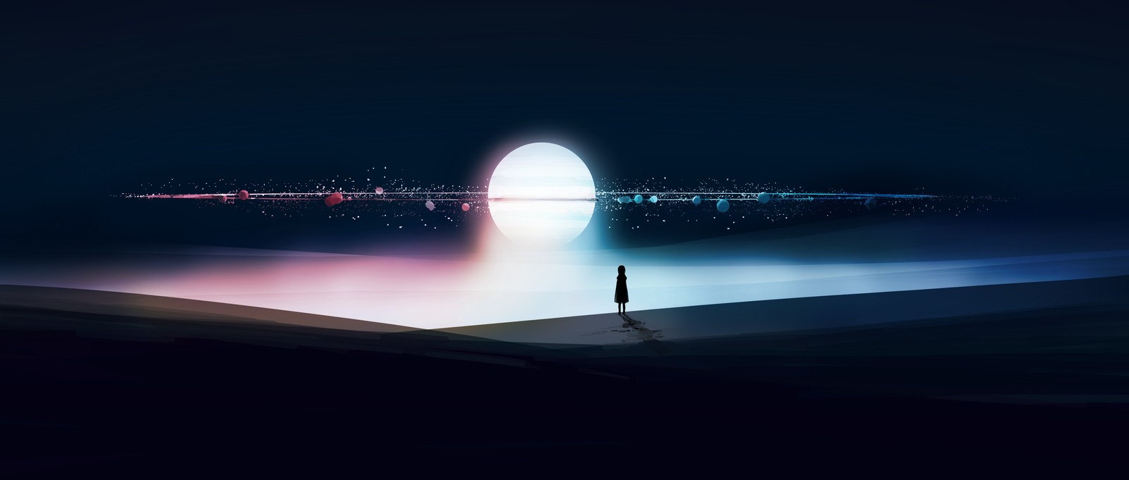 A person standing on a beach at night with a bright light (surreal, alone, silhouette, orbit, dream)