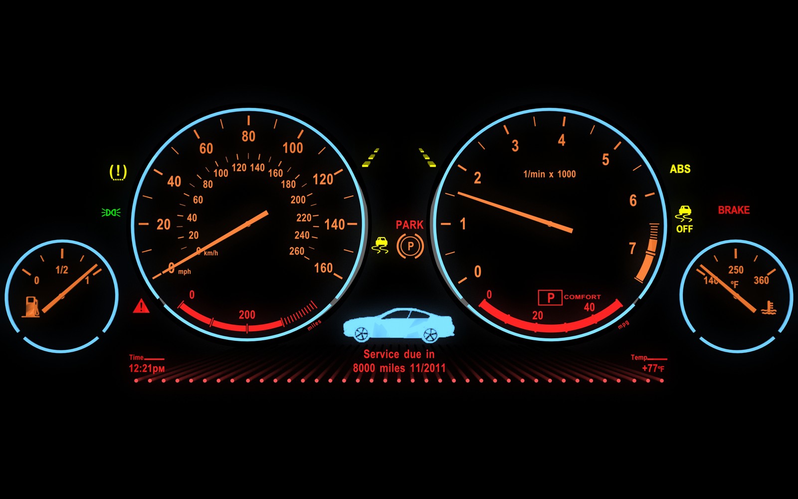 A close up of a car dashboard with a speedometer and other gauges (speedometer, car, gauge, tachometer, auto part)