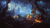 Gespenstische Halloween-Landschaft: Eine dunkle Atmosphäre von Aussterben und Geheimnis