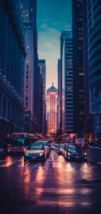 Urban Dusk: Skyscrapers and Reflective Streets