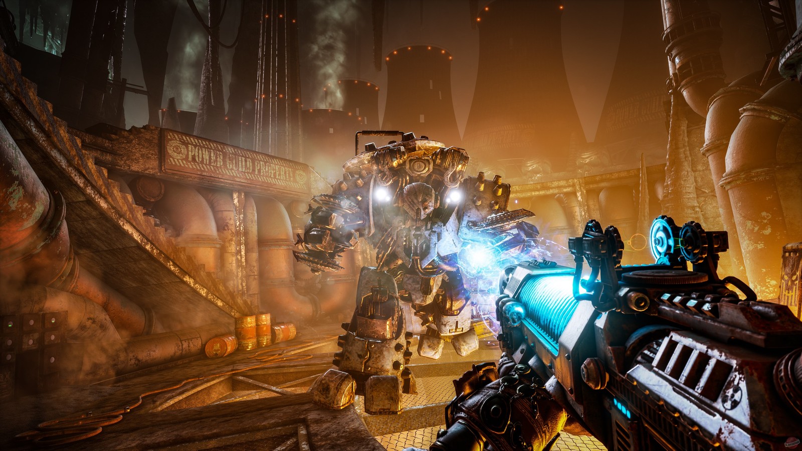 A screenshot of a video game with a giant robot in the background (necromunda hired gun, video game, fps, first person shooter)