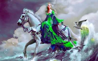 Enchanting Mythical Journey: A Lady on a White Horse Amidst a Wave of Creativity