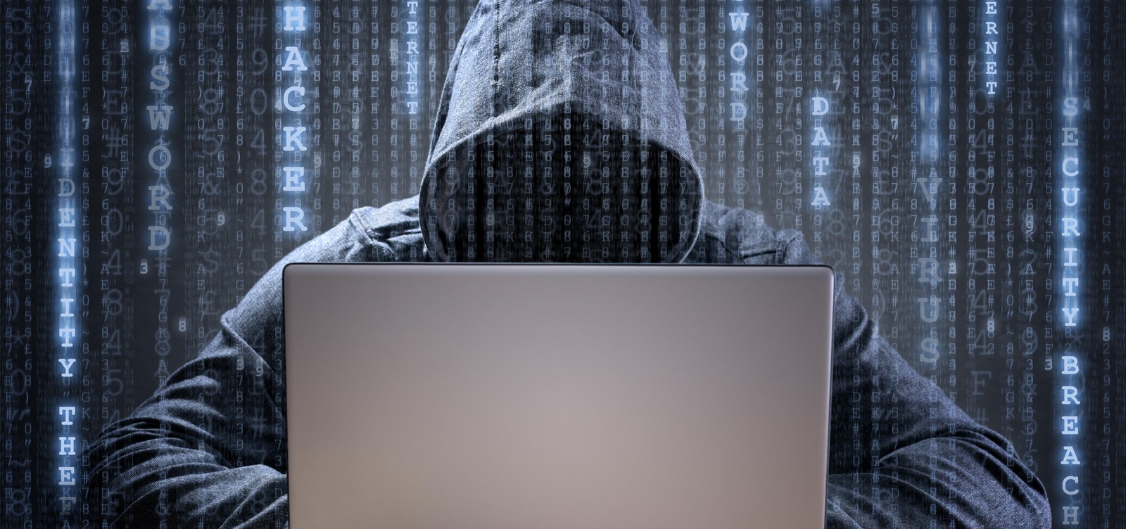 Arafed hooded man in front of a laptop computer with binary code (security hacker, room, technology, interior design, furniture)