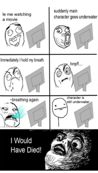 A humorous comic depicting the intense moments of watching a movie, highlighting the anxiety of a main character underwater and the relief when they resurface.