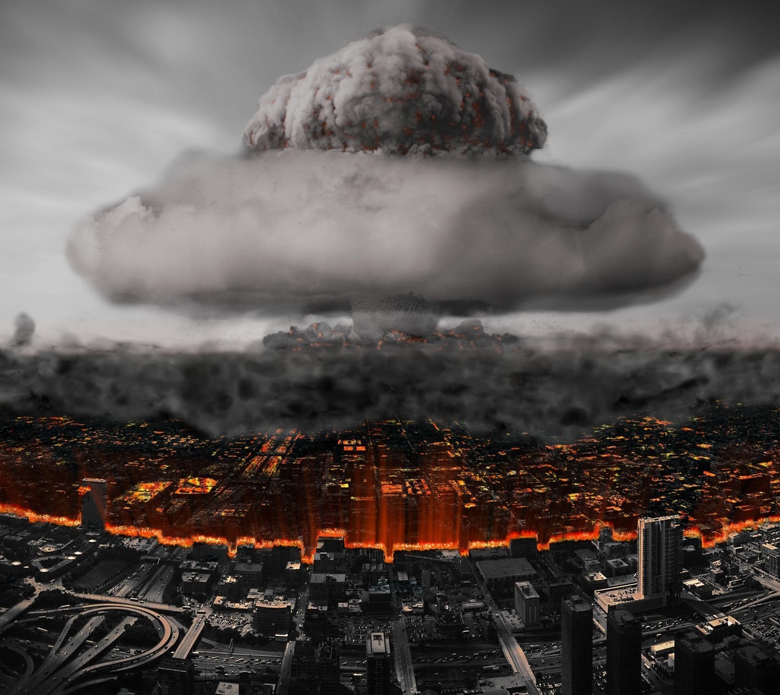 Arafed image of a city with a huge mushroom cloud (atomic bomb, city, destruction, nuclear explosion)