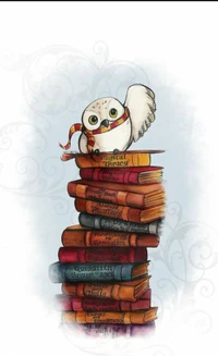 Una lechuza ilustrada con una bufanda posada sobre una pila de libros coloridos, evocando el mundo mágico de Harry Potter.