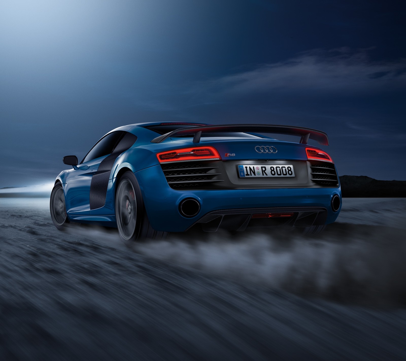 A close up of a blue audi sports car driving on a road (audi r8 2015, auto, car)