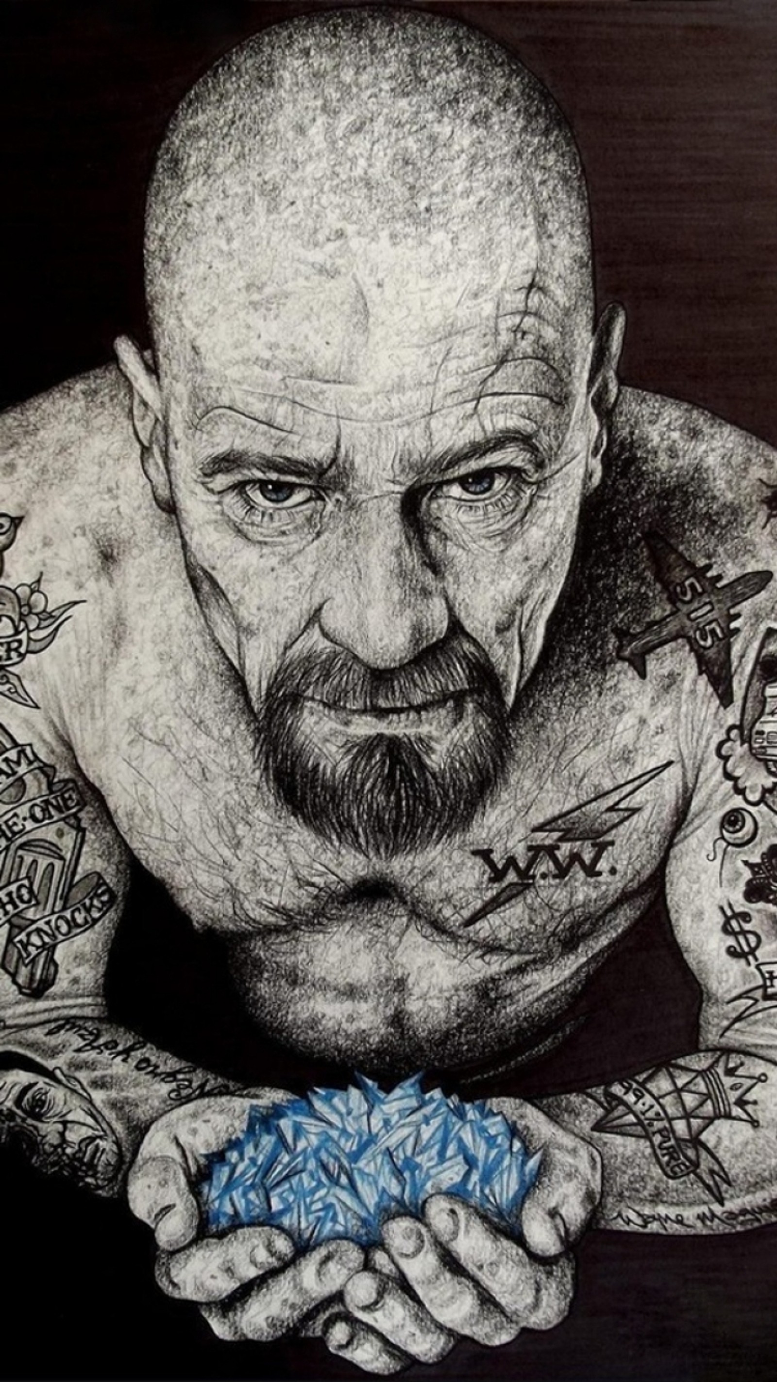 A drawing of a man with tattoos holding a blue dice (black, man)