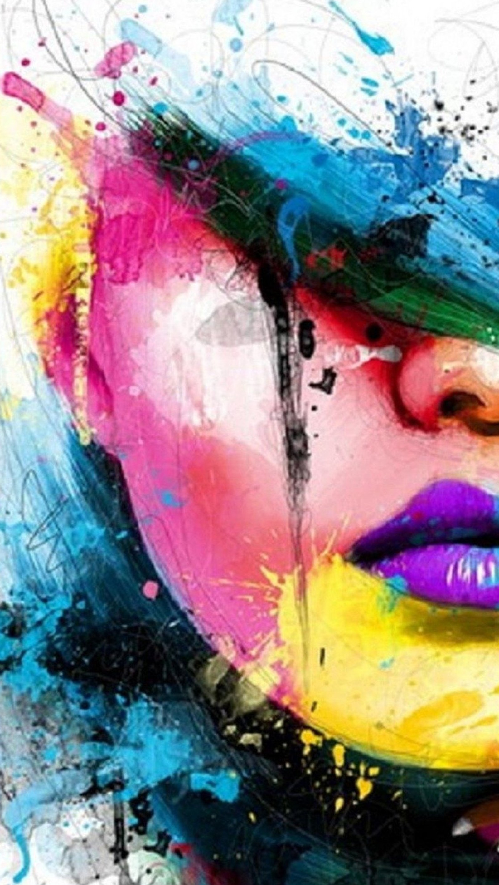 A painting of a woman with colorful makeup and a colorful hat (abstract, color, face, female)