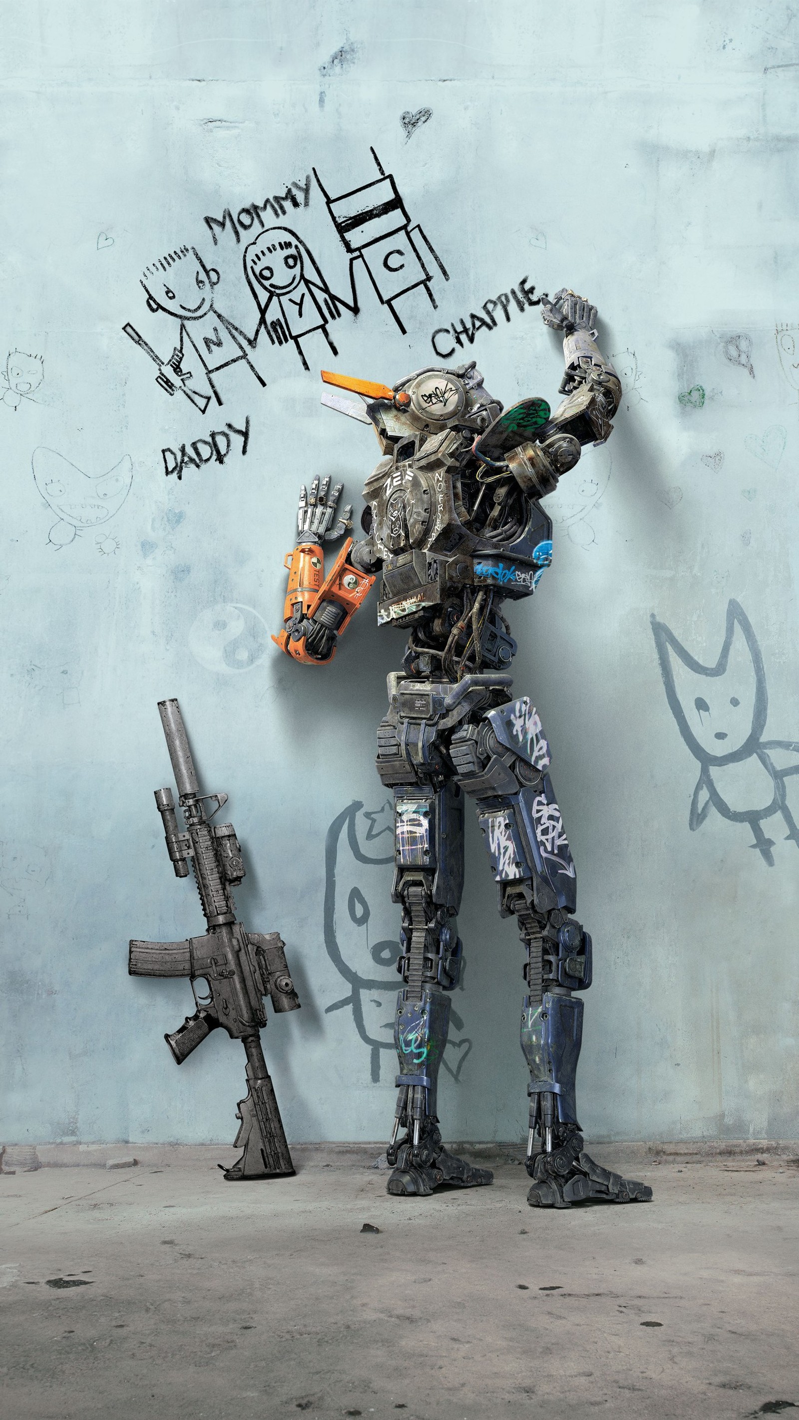 There is a robot with a gun and a gun in front of a wall (7itech, call, destiny, duty, game)