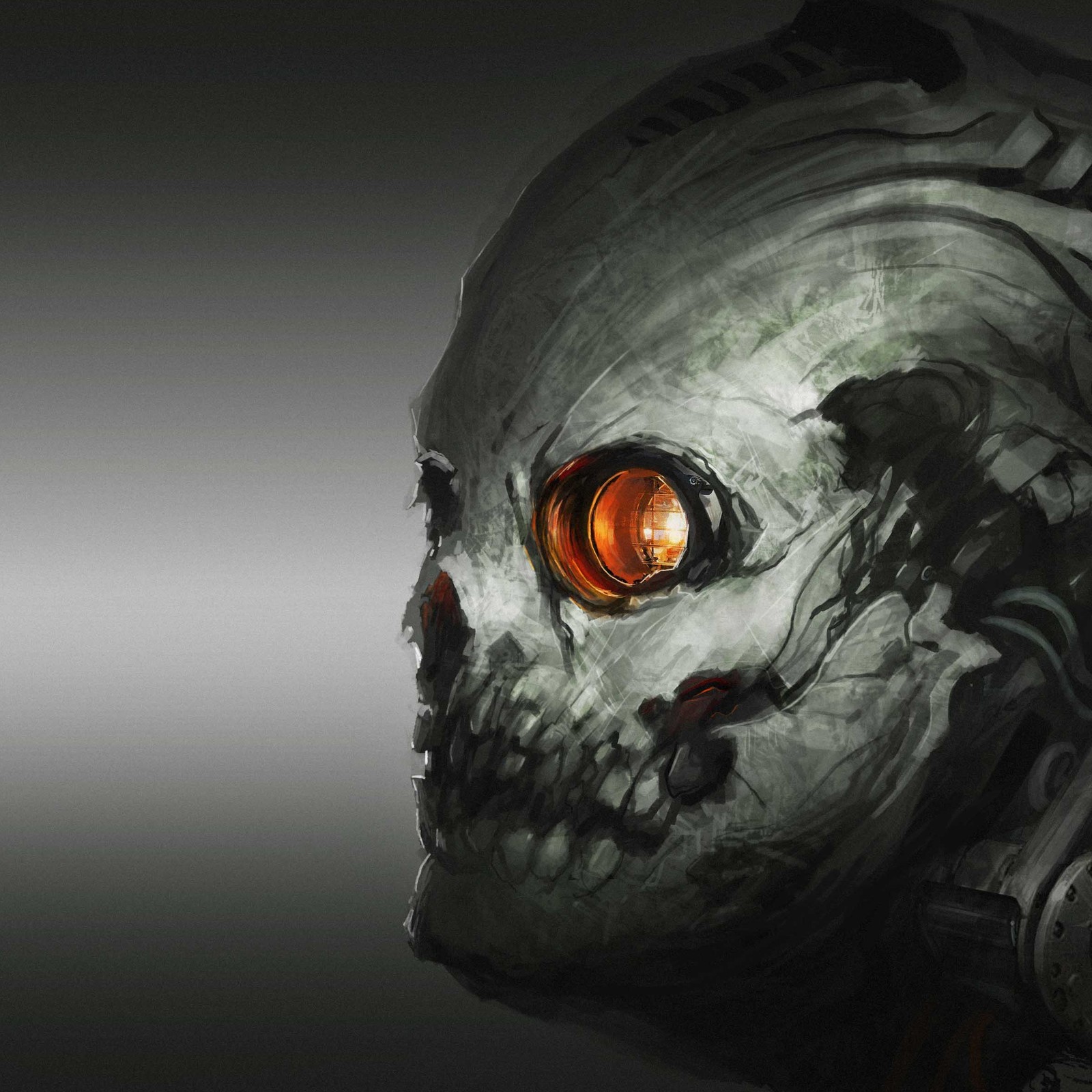 A close up of a creepy looking mask with glowing eyes (futuristic, skull)