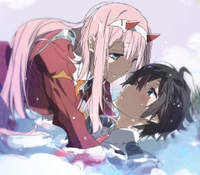 Emotionaler Moment zwischen Hiro und Zero Two in Darling in the Franxx - HD Hintergrundbild