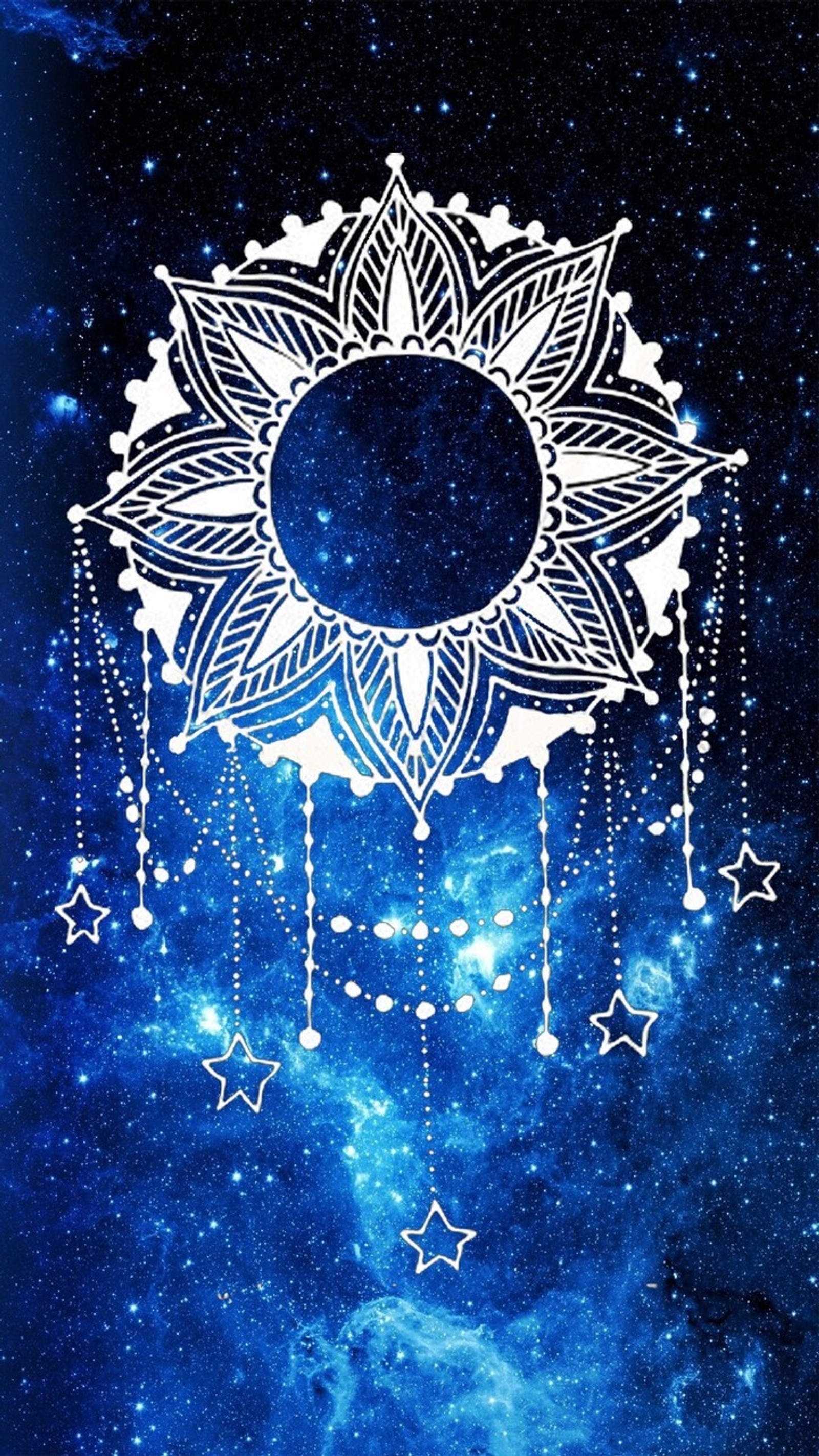 A close up of a phone with a picture of a sun and stars (dreamcatcher, feathers, mandala, mandala dreamcatcher)