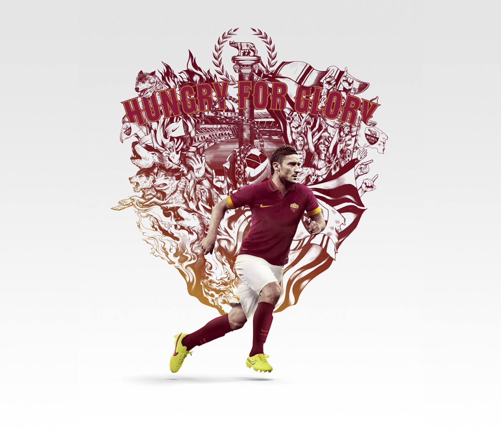 Une image d'un homme courant avec un ballon de football (design, illustration, nike, rome, roma)