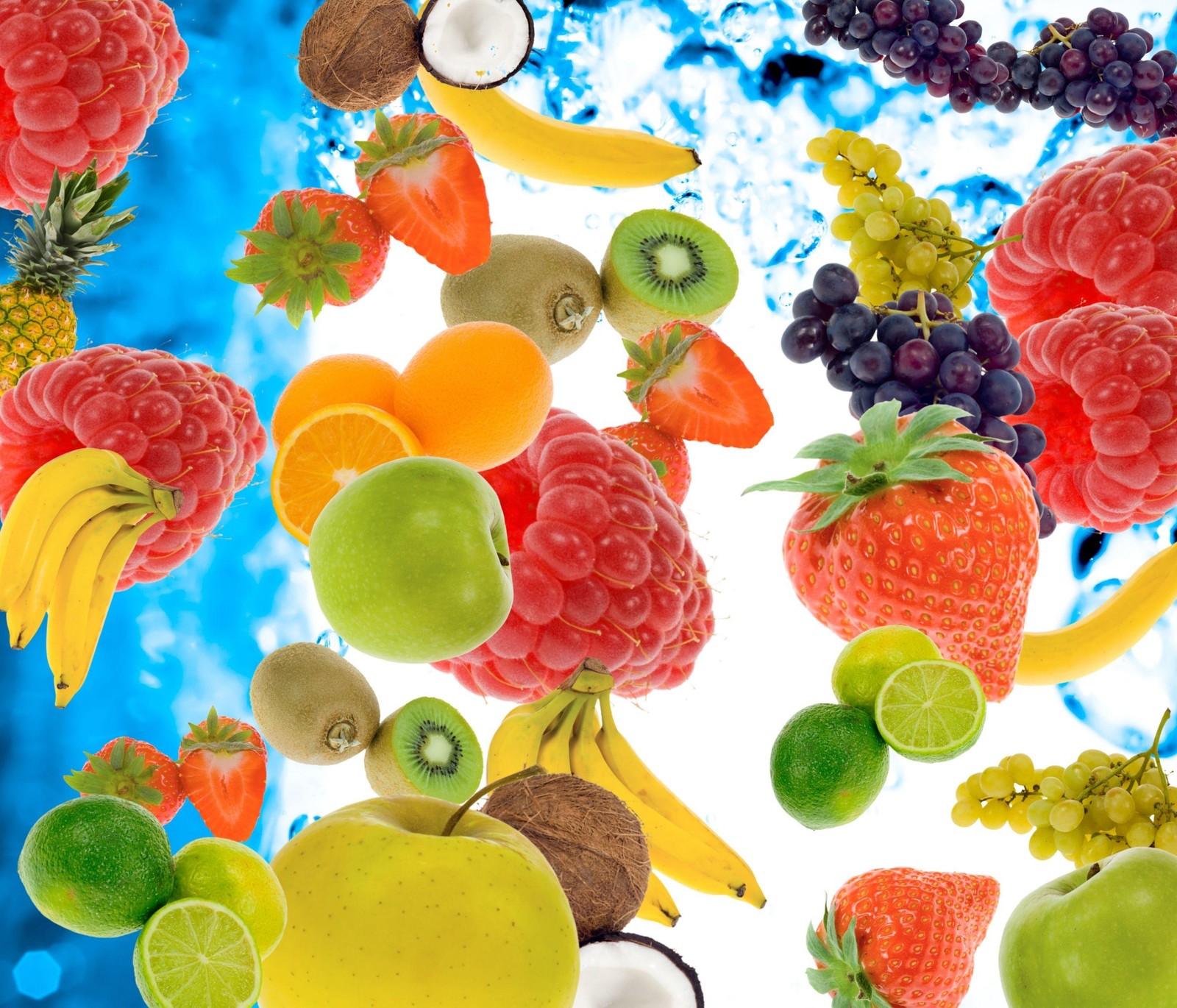 A close up of a bunch of fruit flying through the air (fruits, other)