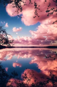 Nuages roses reflétés dans des eaux sereines