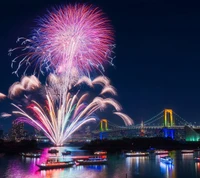 barcos, puente, colores, fuegos artificiales, noche