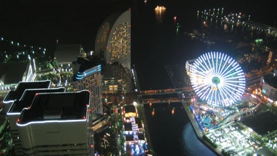 Vue nocturne de la grande roue de Yokohama et du skyline de la métropole