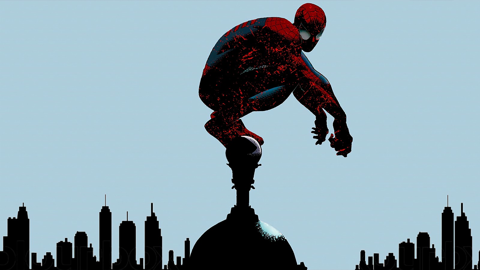 Spider - man jumping over a city with a city in the background (spider man, marvel comics, comics)