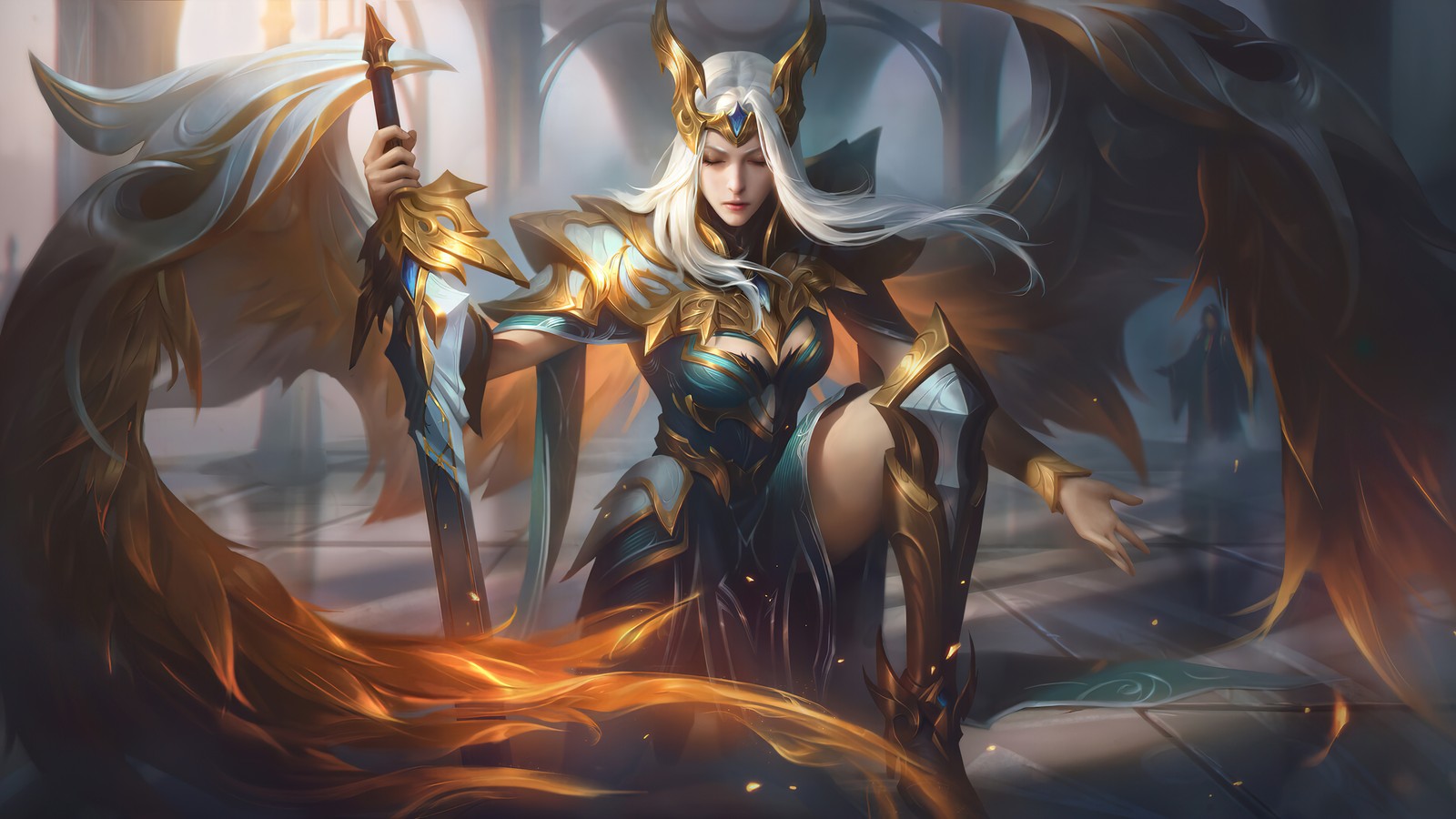 Una mujer con una espada y alas en una habitación oscura (kayle, lol, league of legends, videojuego, arte)