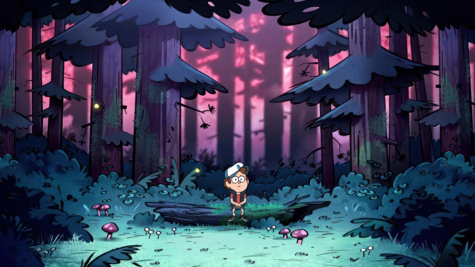 Un personaje de dibujos animados de pie en un bosque con hongos (dipper pines, gravity falls, series de televisión, caricatura, bosque)