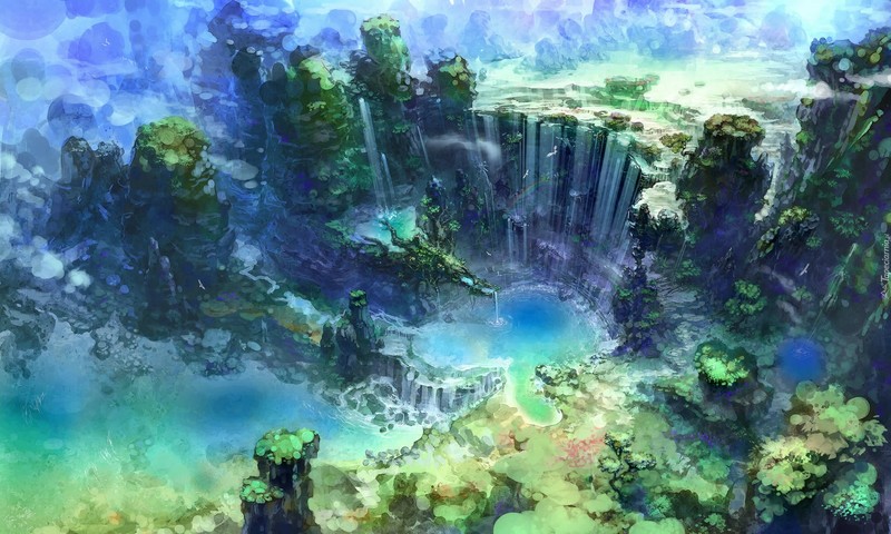 A painting of a waterfall in a green and blue landscape (nature, watercolor paint, painting, landscape, biome)