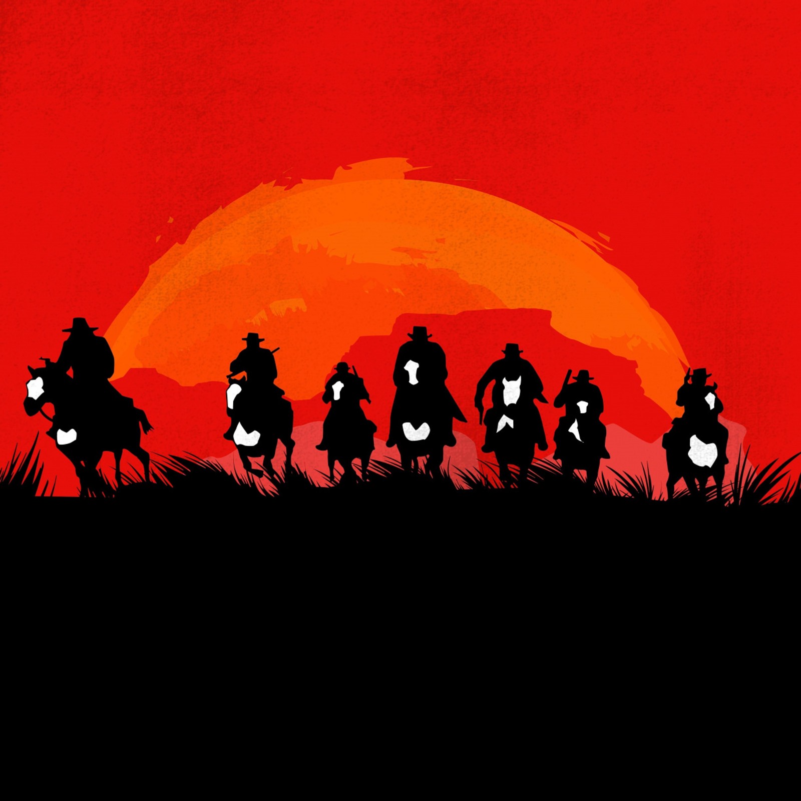 Des cow-boys à cheval devant un coucher de soleil. (red dead redemption 2, red dead redemption, rouge, illustration, silhouette)