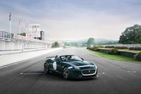 Jaguar F-Type Convertible en una pista de carreras con un fondo escénico