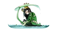 Tsuyu Asui (Froppy) de Minha Academia de Heróis com um guarda-chuva de folha de lírio