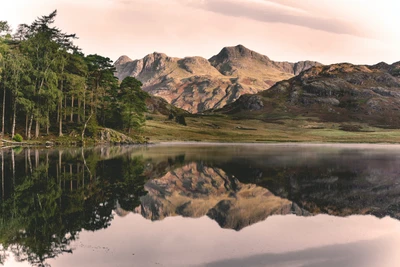 Tranquil Highland Lake Reflecting Majestic Mountains and Lush Trees