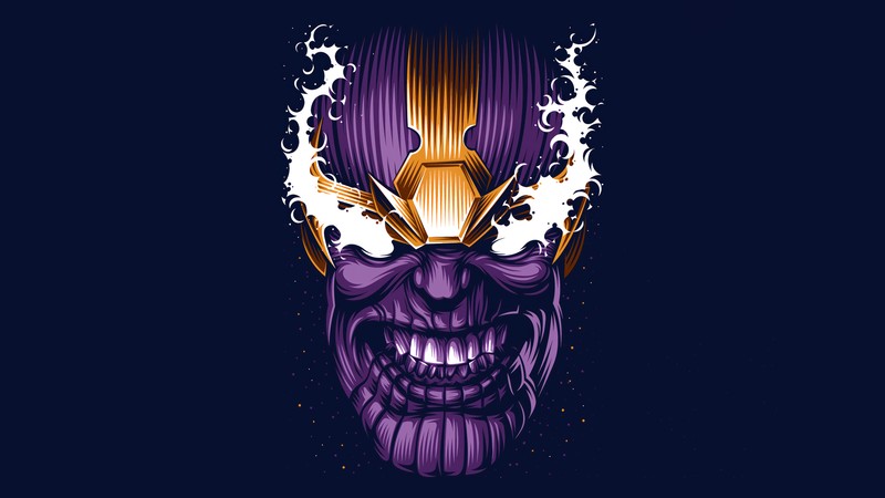 Крупный план фиолетовой и желтой маски с пламенем, выходящим из нее (танос, thanos, marvel comics, комиксы)