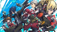 Динамичная группа персонажей из "Persona 3 Reload", включая известных фигур, таких как Макото Юки, Юкари Такеба и Айгис, на ярком синем фоне.