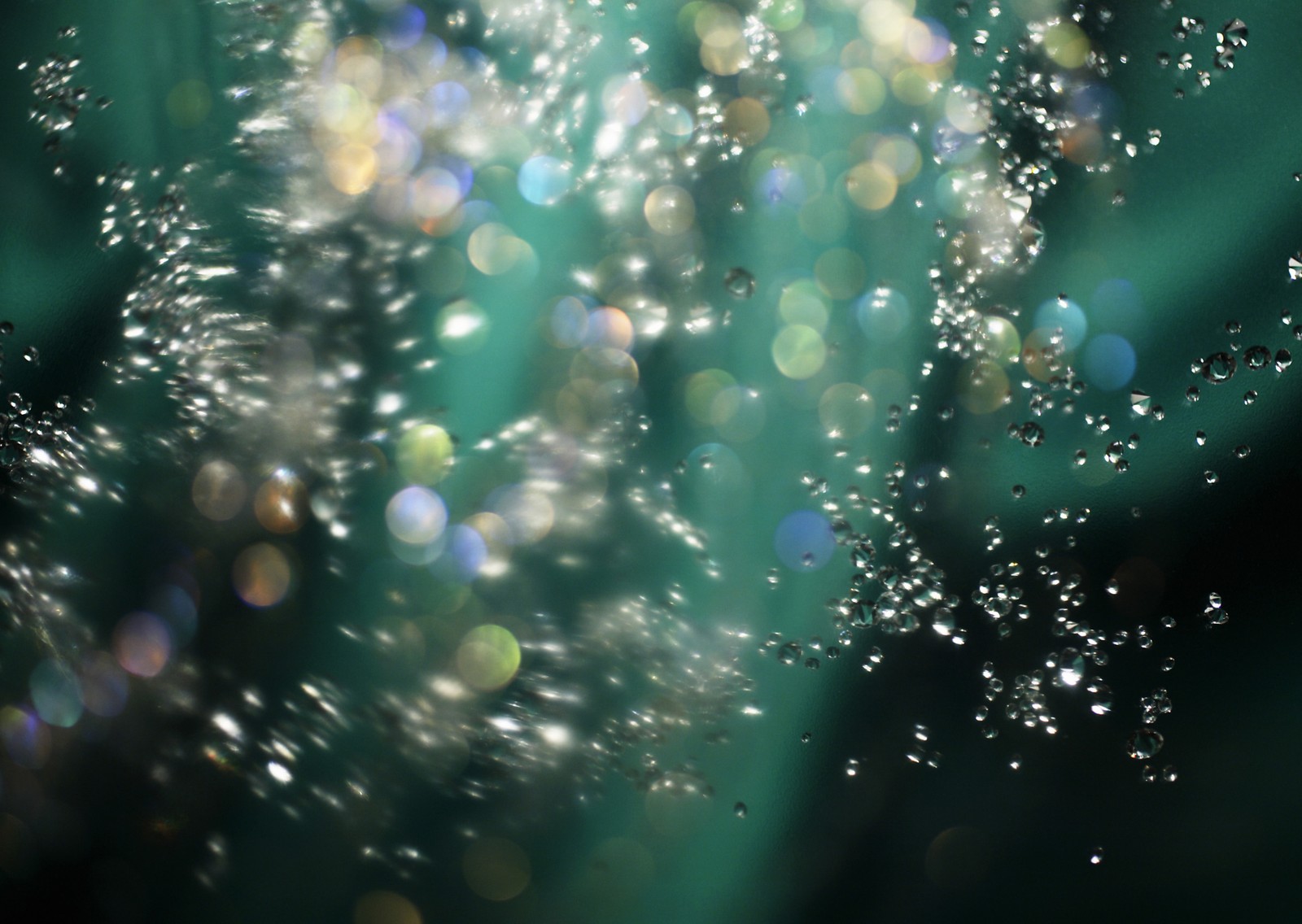 A close up of a bunch of bubbles floating in the air (nature, dew, green, blue, water)