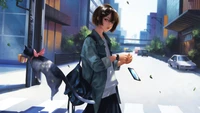 Anime Girl with Cat at Crosswalk