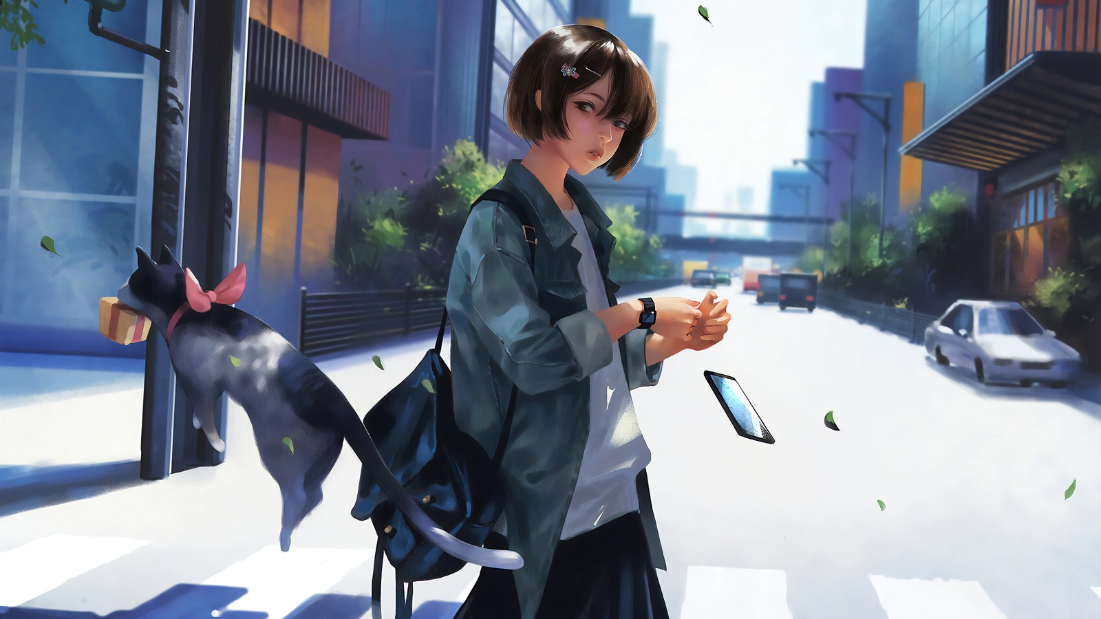 anime, girls, cat, crosswalk wallpaper