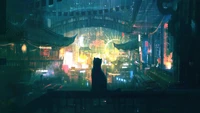 Silhouette of a Cat Against a Neon Cityscape at Night