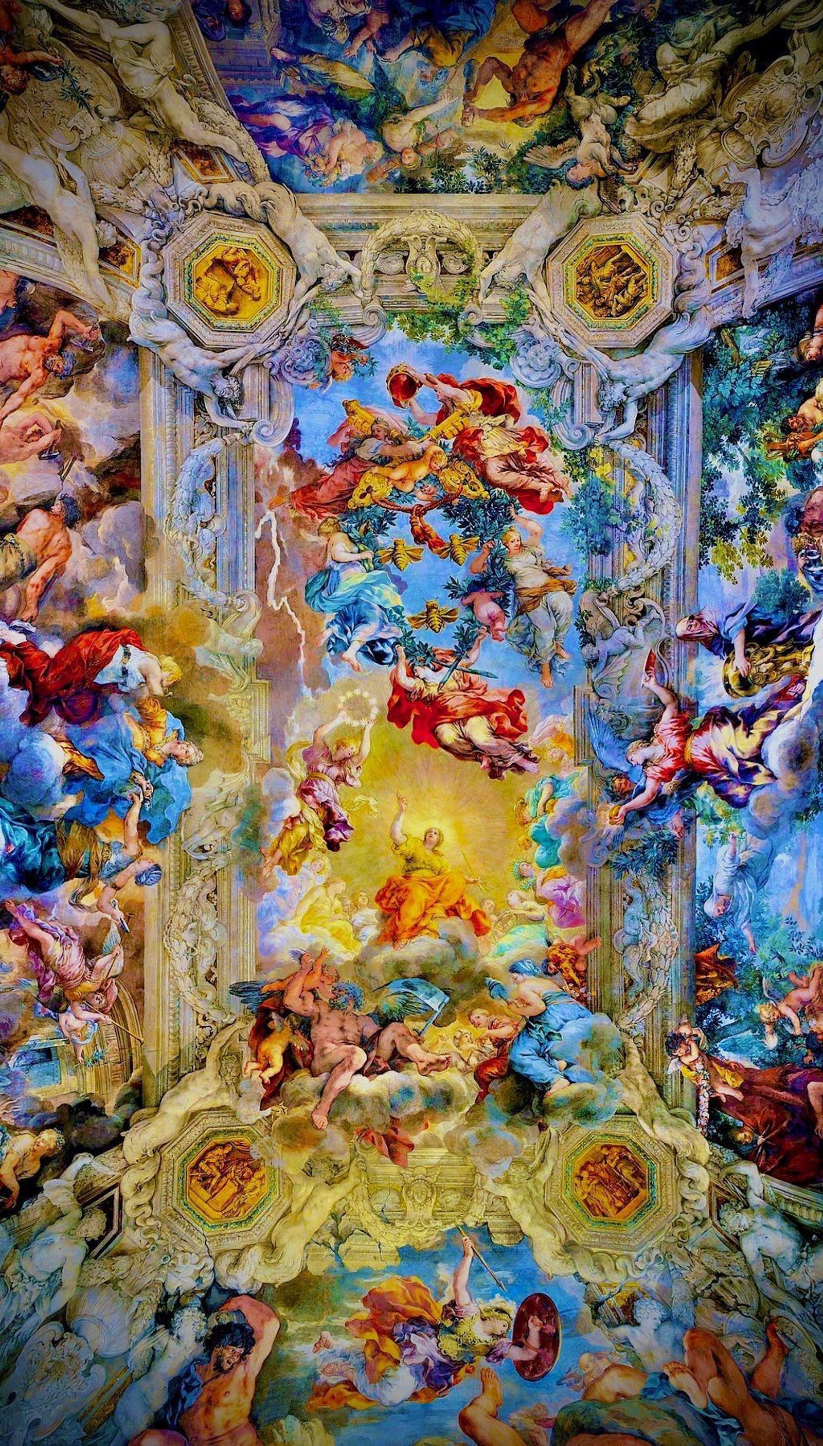 A painting of a ceiling with angels and cherries on it (painting, art, renaissance, abstract art, textile)