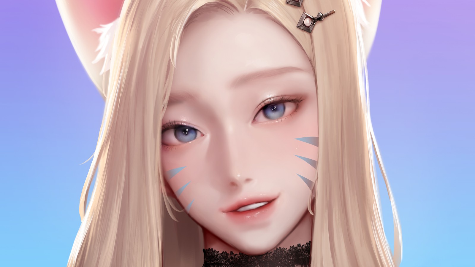 A close up of a girl with a cat ears and a cat face (ahri, lol, league of legends, video game, kda)